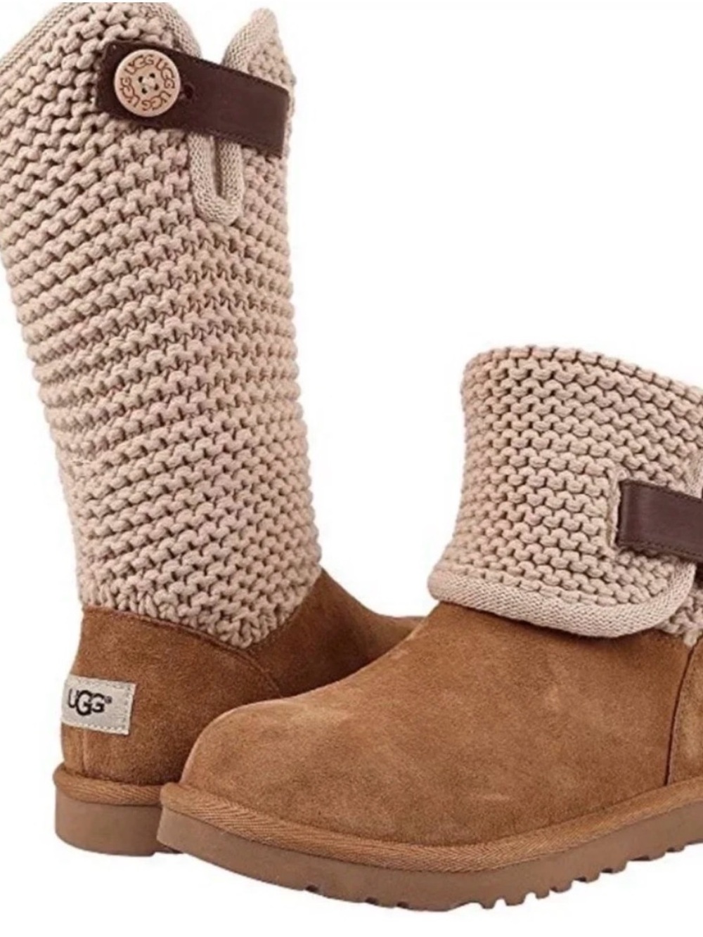 UGG Shaina Sweater Cuff Boots in a chestnut and cream knit colorway sz 12
